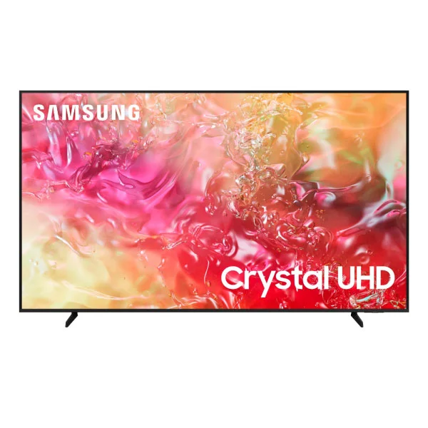 Televisor Samsung de pantalla plana con marco negro delgado, dos patas inclinadas e imagen abstracta colorida.