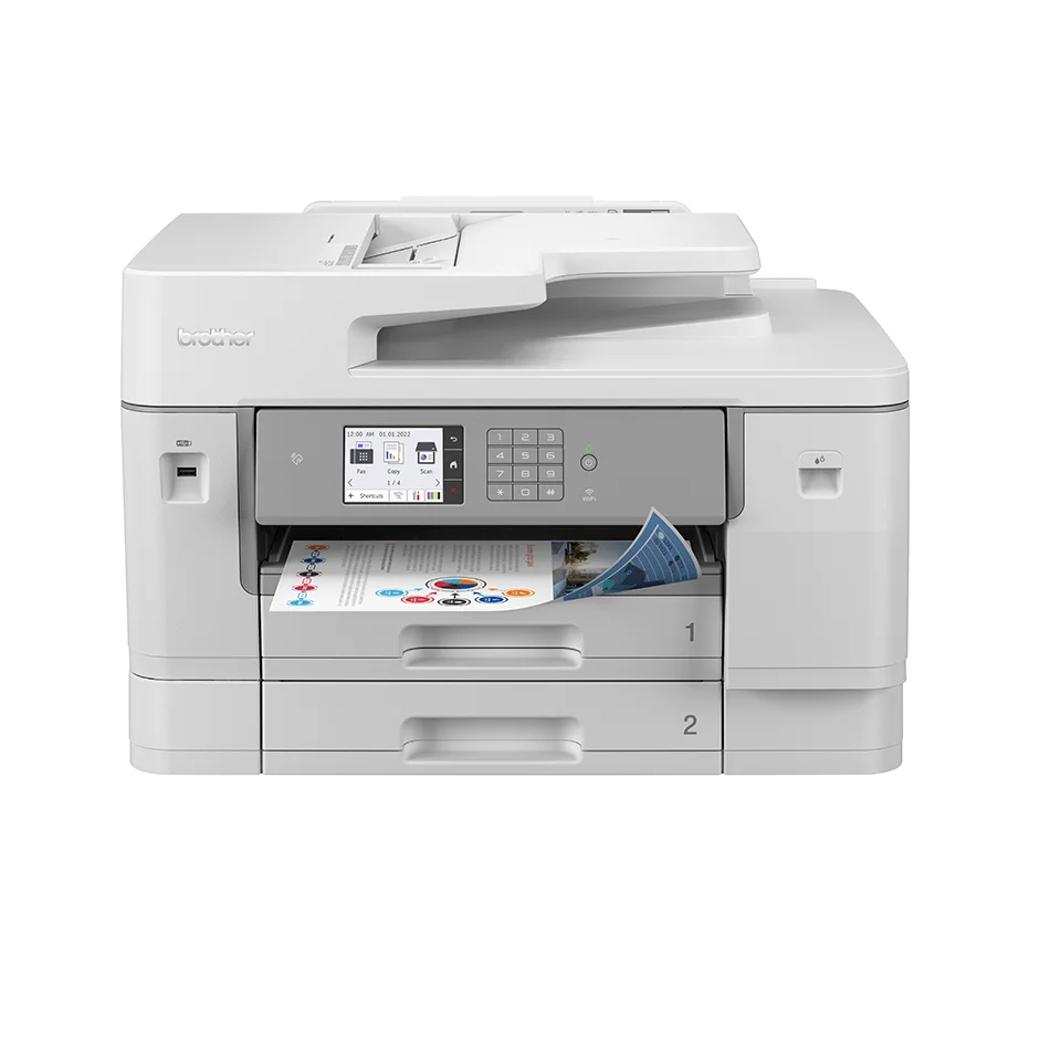 Multifunción Brother blanca con alimentador automático de documentos, pantalla frontal y dos bandejas inferiores.
