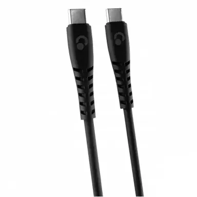 Cable negro con conectores de carcasa metálica y alivios de tensión negros en ambos extremos.