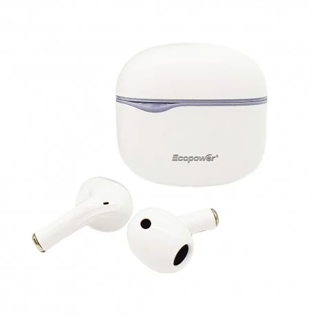 Auriculares EcoPower EP-H151 blancos tipo in-ear junto a su estuche de carga