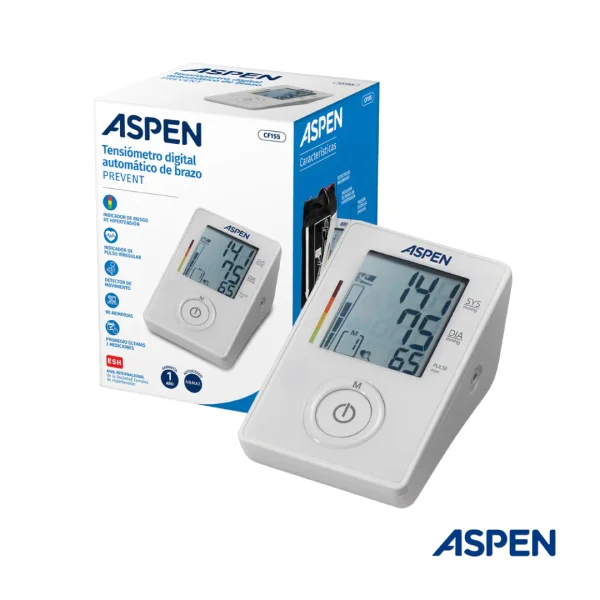 Tensiómetro digital ASPEN blanco con pantalla LCD y botón frontal, junto a su caja.