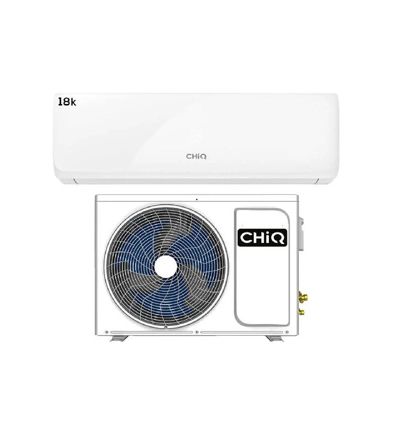 Aire acondicionado split CHiQ con unidad interior mural blanca y unidad exterior con ventilador frontal.