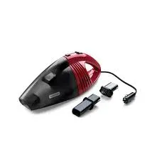 Aspiradora Tramontina de mano para automóvil, roja y negra, junto a una boquilla plana, un cepillo y la caja del producto. - Vista 3