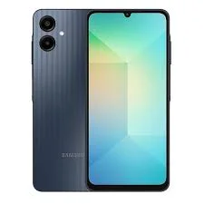 Samsung Galaxy A06 negro visto de frente y de atrás, con dos cámaras traseras verticales y pantalla con muesca.