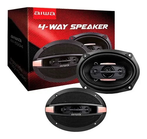 Parlantes ovalados negros Aiwa para auto junto a una caja roja y negra identificada como 4-Way Speaker.
