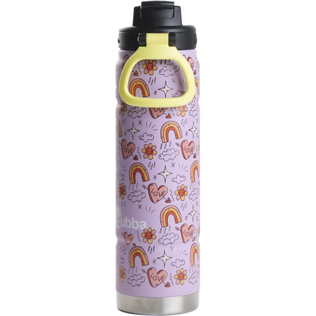 Botella bubba Trailblazer lavanda con corazones, arcoíris, flores, nubes y estrellas, tapa negra y asa amarilla integrada.