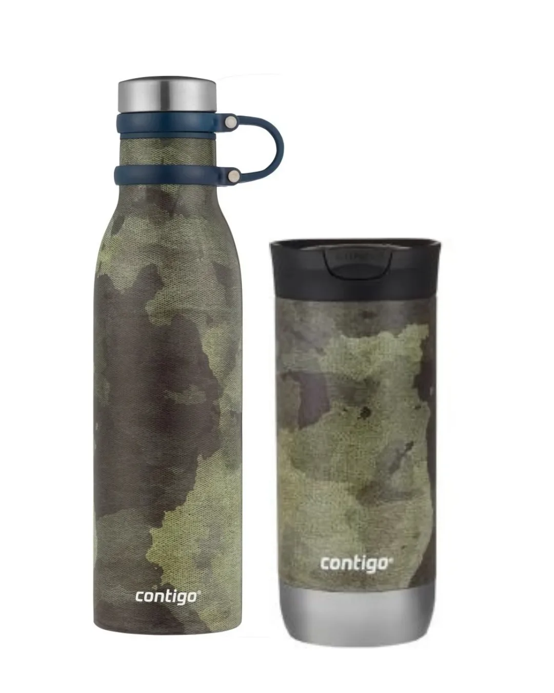 Combo Contigo camuflado con botella alta de tapa plateada y asa azul oscuro, más vaso térmico de tapa negra y base plateada.