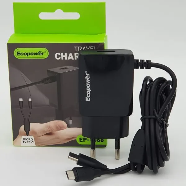 Cargador negro Ecopower de pared con clavijas redondas y cable integrado con conectores Micro USB y USB-C.