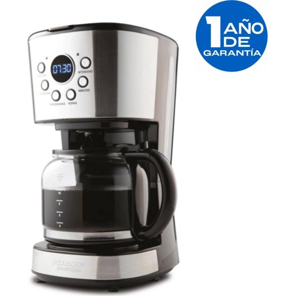 Cafetera Peabody plateada y negra con panel digital, jarra de vidrio y botones frontales.