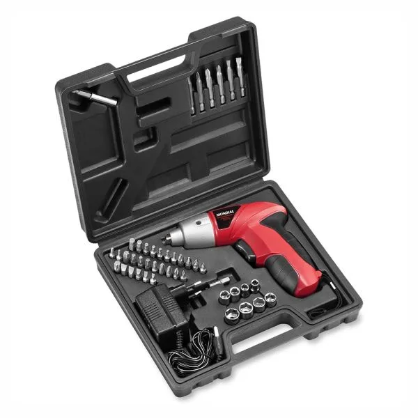 Atornillador eléctrico Mondial rojo y negro dentro de un maletín abierto con puntas, dados, adaptador, prolongador y cargador.