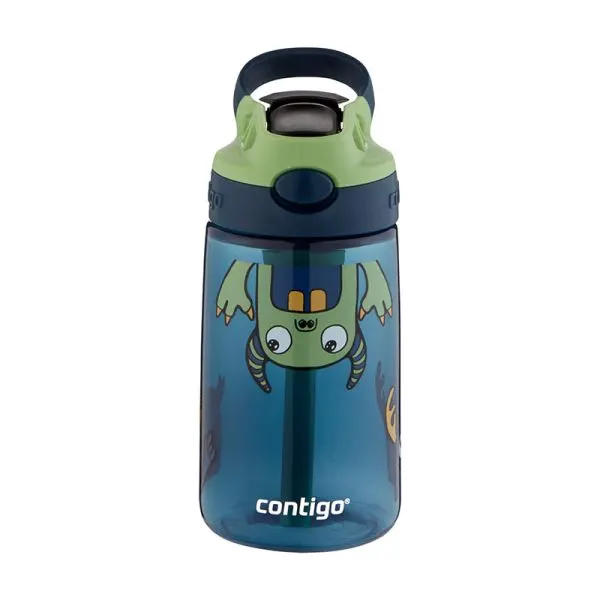 Botella infantil Contigo azul translúcida con tapa azul y verde, asa abatible y diseño de monstruo en el cuerpo.