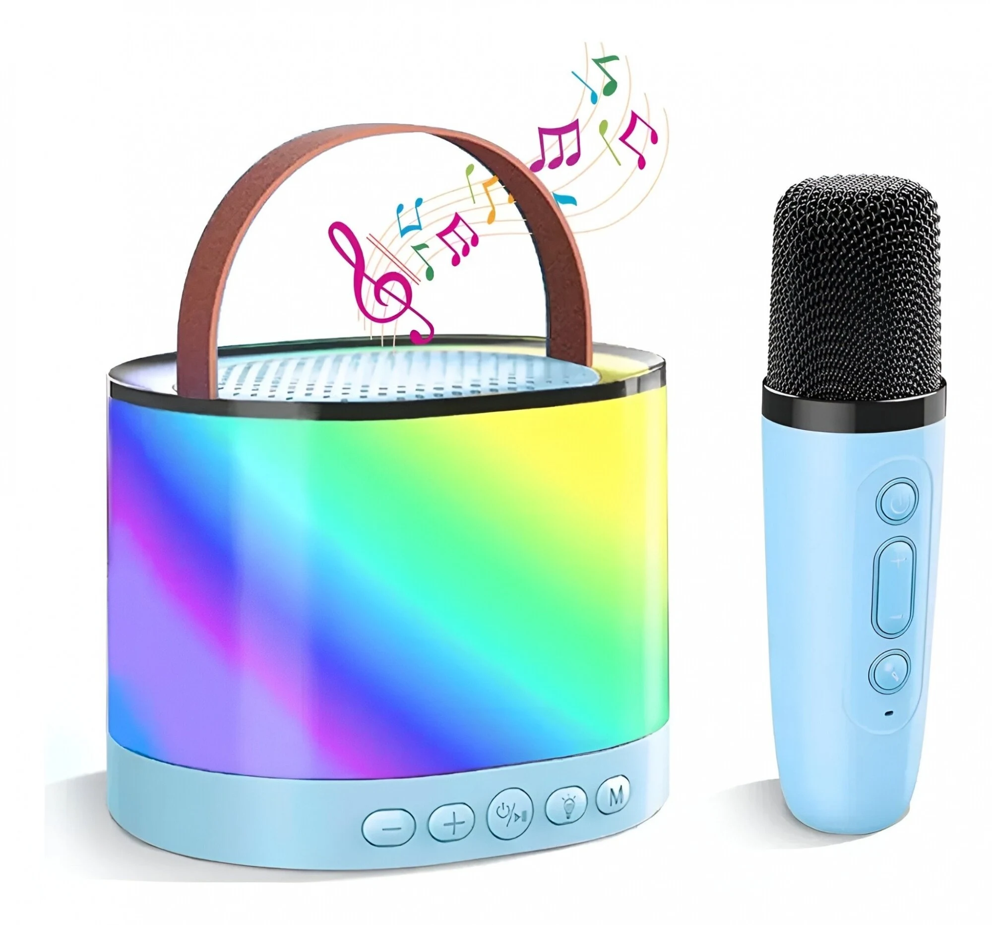 Parlante infantil LUO portátil con micrófono a juego, rejilla frontal y luces LED multicolores.