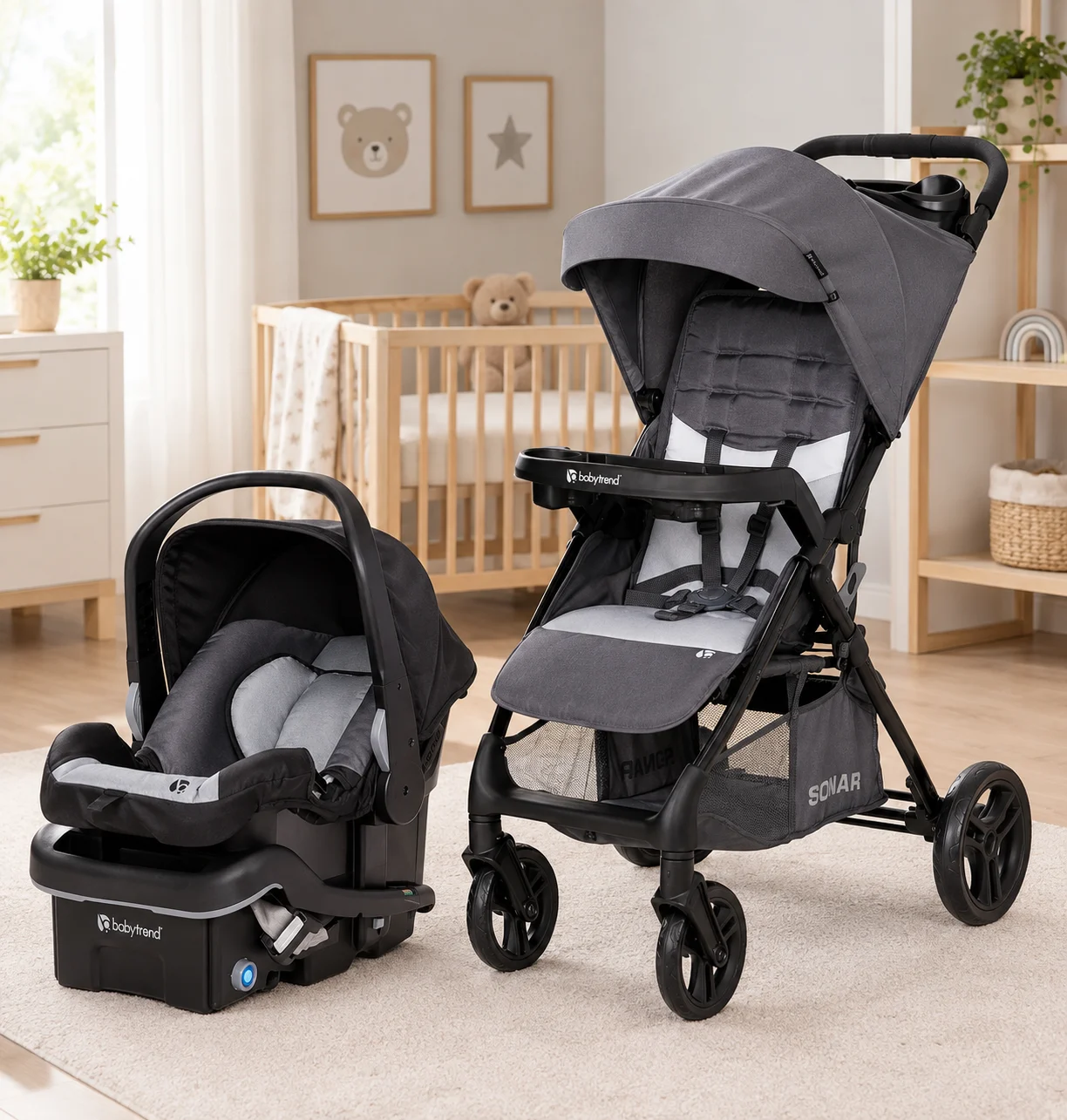 Cochecito Baby Trend Sonar Smart Luxe gris con bandeja para padres y silla de auto EZ-Lift Plus a juego con base.
