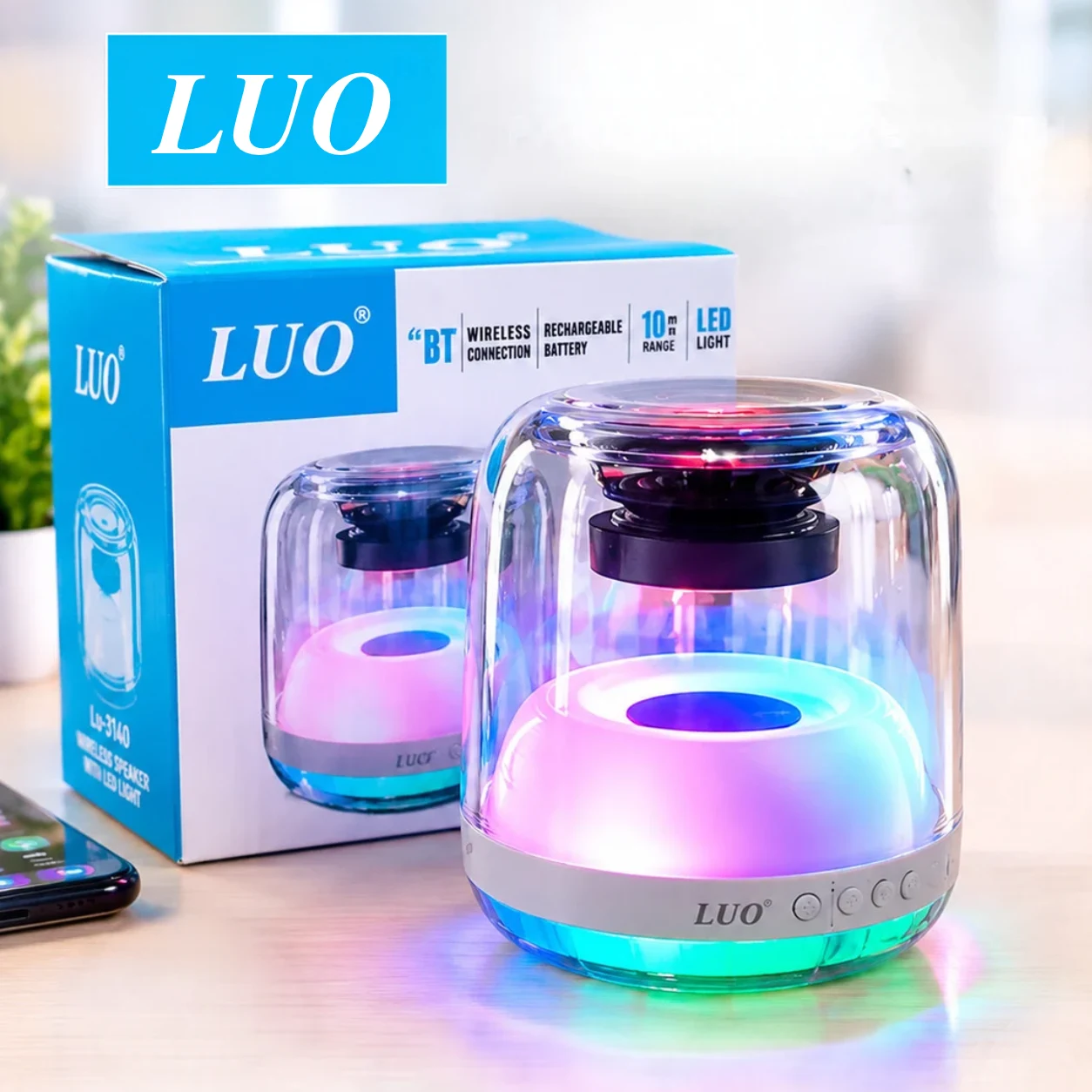 Parlante portátil negro LUO LU-3140 con rejilla frontal, luces LED RGB y controles integrados.