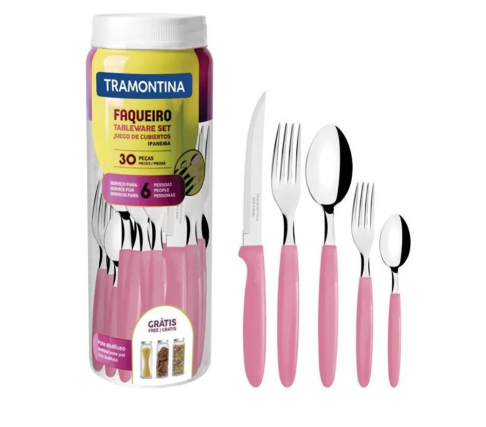 Juego de cubiertos Tramontina Ipanema con mangos rosados y pote transparente con tapa blanca