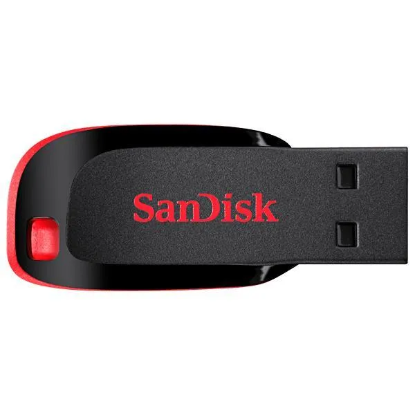 Pendrive SanDisk Cruzer Blade negro y rojo de 16 GB con logotipo blanco y diseño compacto.
