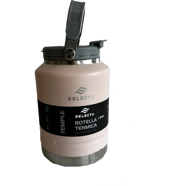 Botella térmica rosa pálido con tapa gris, palanca abatible, cierre lateral y detalles metálicos.