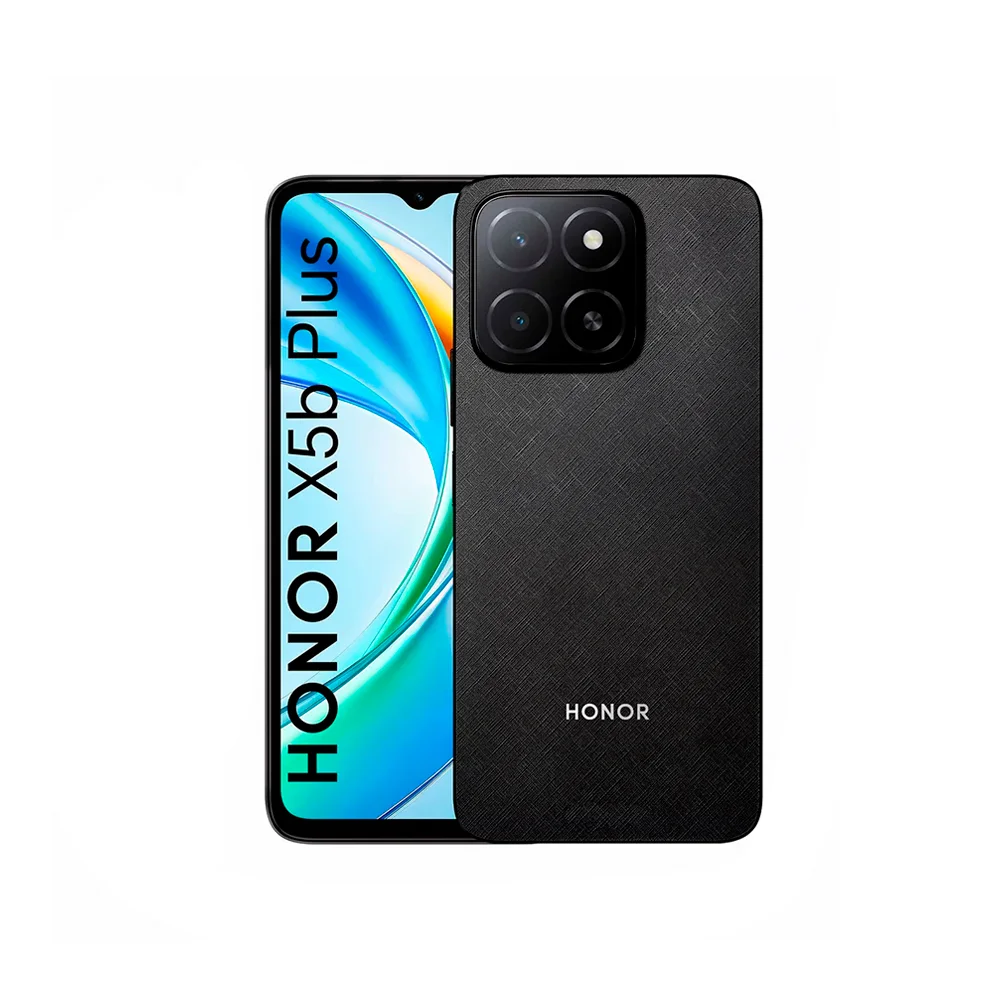 Celular HONOR X5b Plus negro visto de frente y de atrás, con pantalla con notch y módulo cuadrado de cámaras.