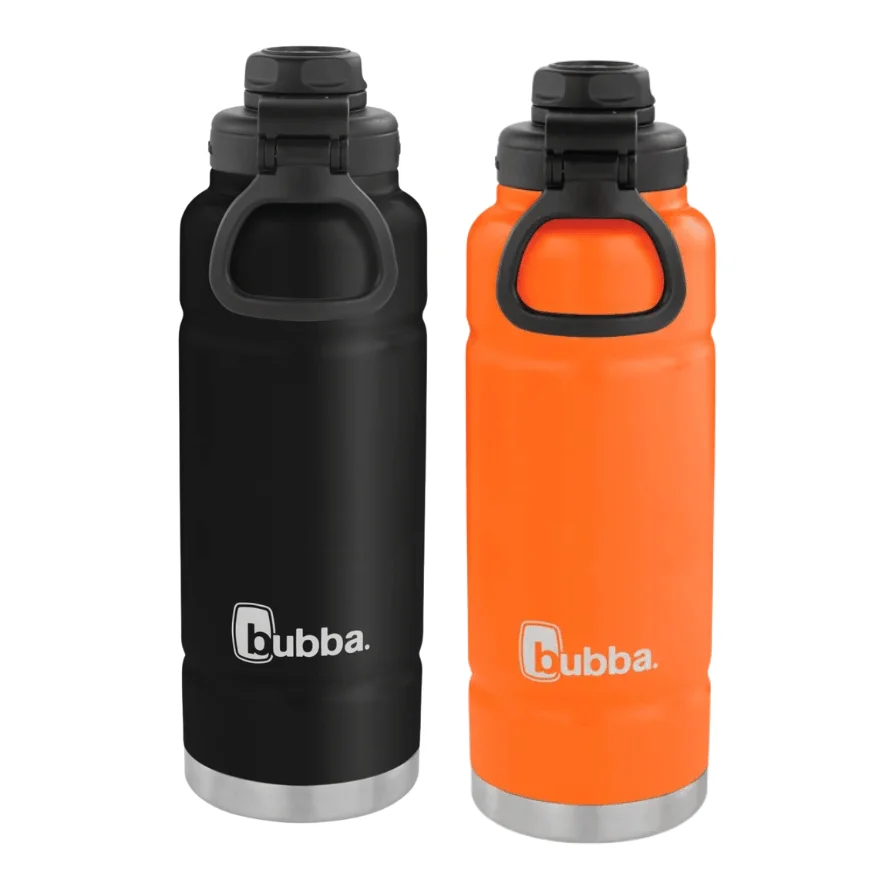 Dos botellas bubba Trailblazer, una naranja y otra negra, con tapas negras con asa integrada y bases plateadas.