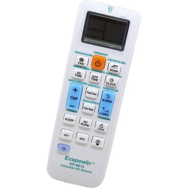 Control remoto blanco Ecopower EP-8612 con pantalla LCD y múltiples botones