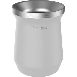 Mate SELECTA Plus blanco de 230 ml, con borde metálico plateado e interior de metal visible.