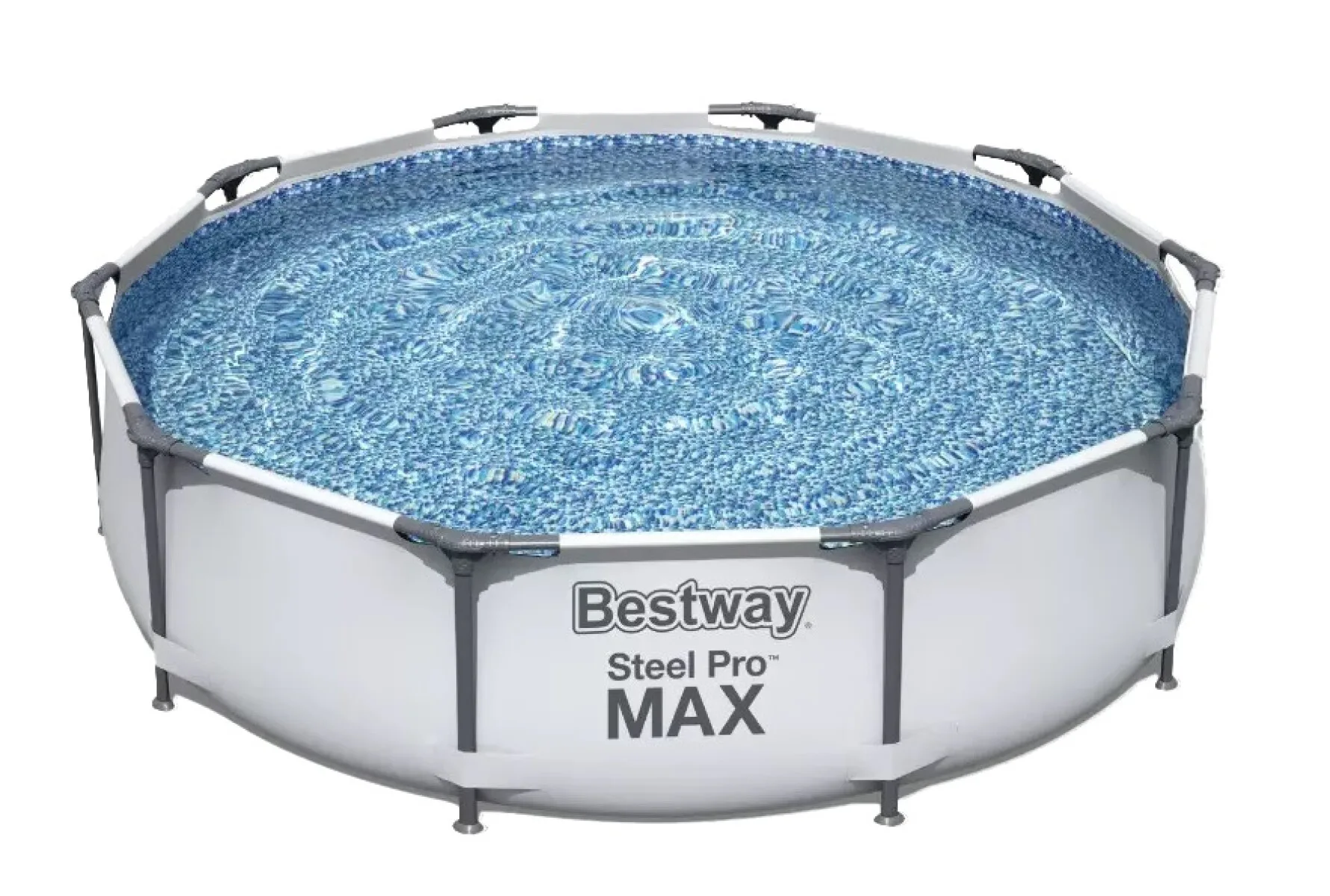 Piscina estructural redonda Bestway azul con marco tubular metálico y conexiones laterales para la bomba de filtrado.