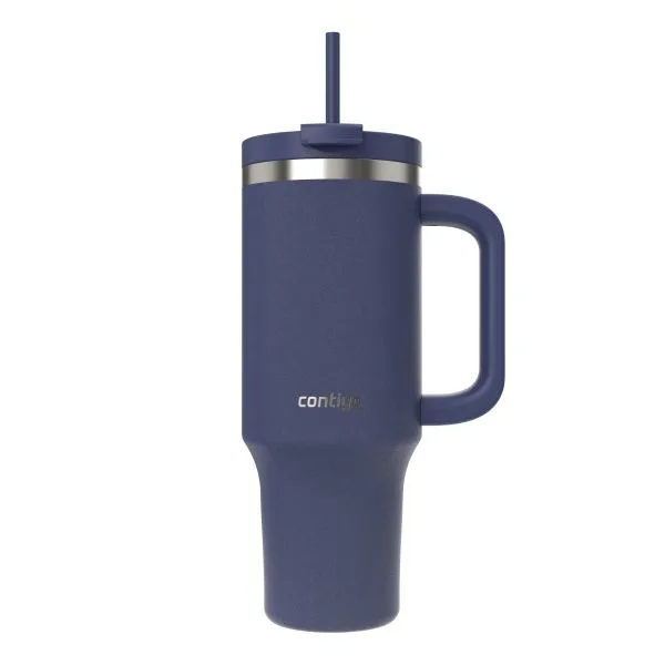 Vaso térmico Contigo alto de color azul índigo, con asa lateral, tapa a juego, sorbete recto y banda metálica plateada cerca del borde.