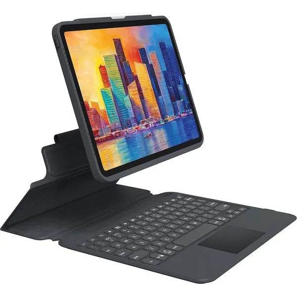 Funda folio negra para tablet con teclado Bluetooth y panel táctil