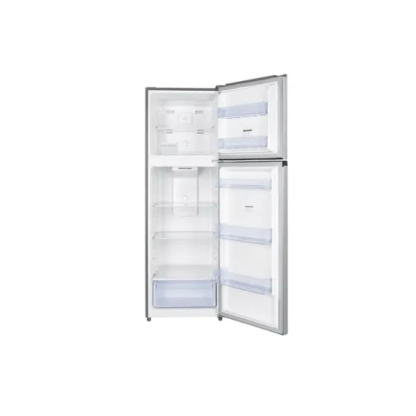 Heladera TCL plateada tipo inox de dos puertas, con freezer en la parte superior y una franja oscura entre puertas. - Vista 2