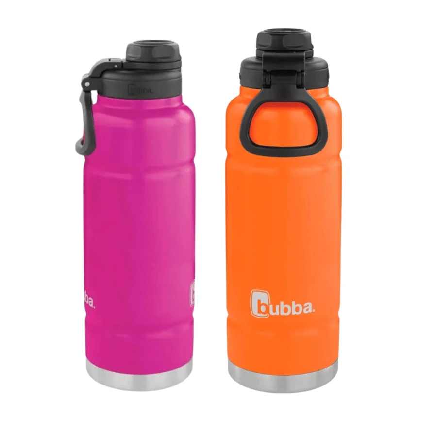 Botellas bubba Trailblazer fucsia y naranja con tapas negras, asas integradas y bandas plateadas en la base.