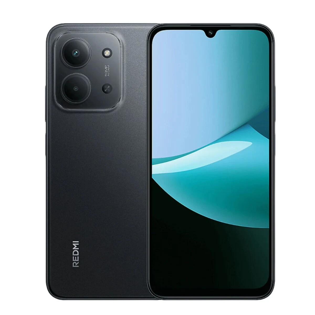 Celular REDMI negro mostrado de frente y de atrás, con pantalla de recorte en gota y módulo trasero de cámaras.