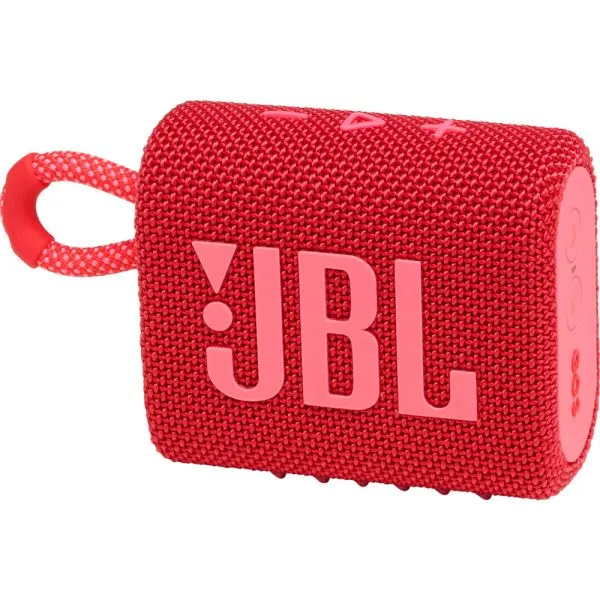 Parlante JBL Go 3 rojo compacto con exterior de tela tejida, logotipo frontal, controles en relieve y correa integrada.
