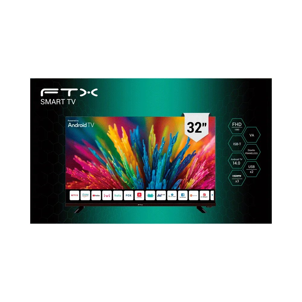 Televisor FTX de 32 pulgadas con marco negro delgado, dos patas laterales e imagen colorida en pantalla. - Vista 2
