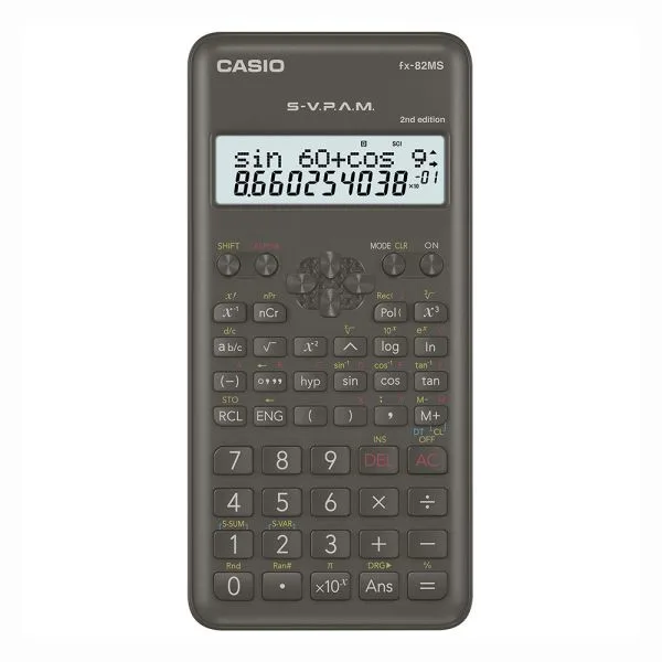 Calculadora científica CASIO fx-82MS gris oscuro, con pantalla LCD y teclado de múltiples teclas.