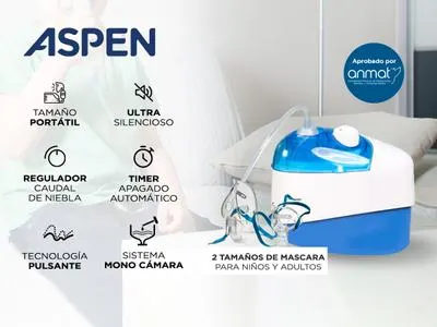 Nebulizador ultrasónico ASPEN blanco con detalles azules, cubierta translúcida y máscaras transparentes. - Vista 4