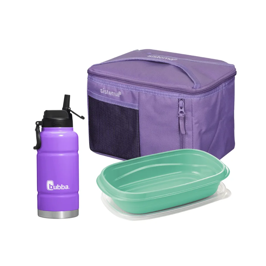 Set o combo escolar Bubba en color lila compuesto por termo para líquidos, lonchera térmica y contenedor táper para alimentos