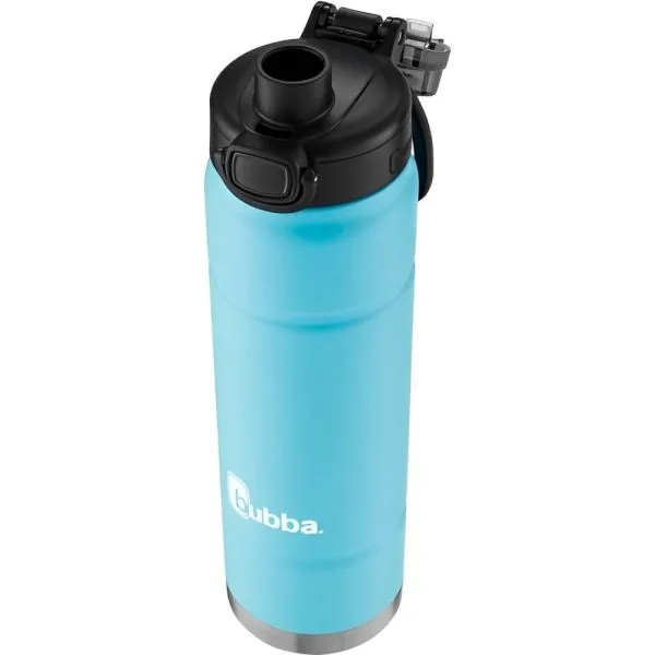 Botella térmica bubba azul turquesa con tapa negra de botón y banda plateada en la base.