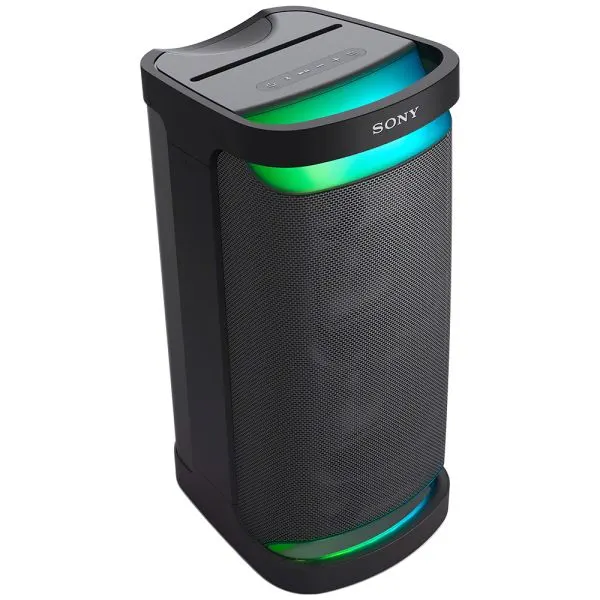 Parlante Sony negro vertical con rejilla frontal, controles superiores e iluminación multicolor.