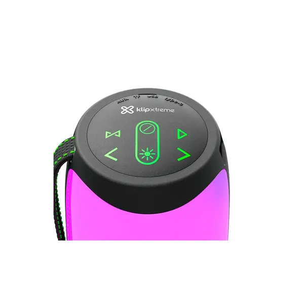Parlante portátil Klip Xtreme Zound Fire Pro negro con panel frontal iluminado en magenta y violeta. - Vista 2