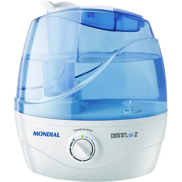 Humidificador ultrasónico Mondial con depósito translúcido azul, base blanca y perilla frontal de control.