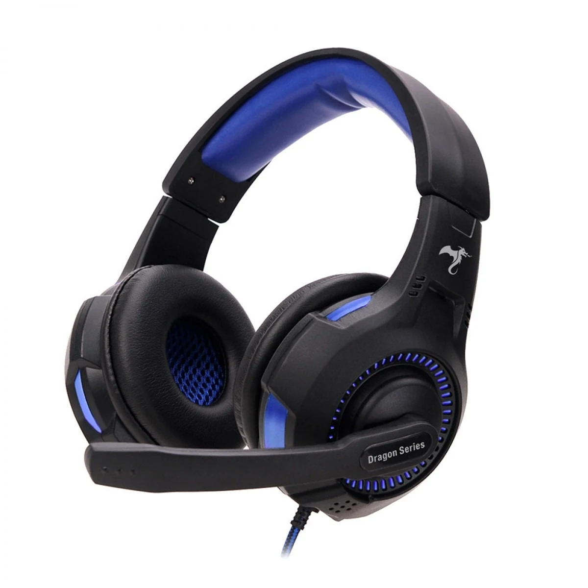 Auricular gamer Kolke negro y azul con diadema acolchada, micrófono tipo brazo, cable y emblema de dragón.