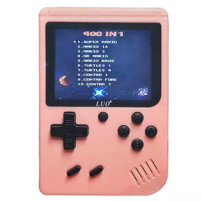 Consola portátil LUO rosa con pantalla rectangular, cruceta direccional a la izquierda y botones de acción a la derecha.