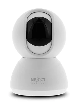 Cámara de vigilancia blanca Nexxt para interiores, con base de sobremesa y módulo frontal orientable.