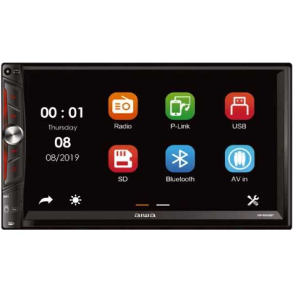 Autorradio multimedia Aiwa negro con pantalla panorámica y controles físicos en el lateral izquierdo.