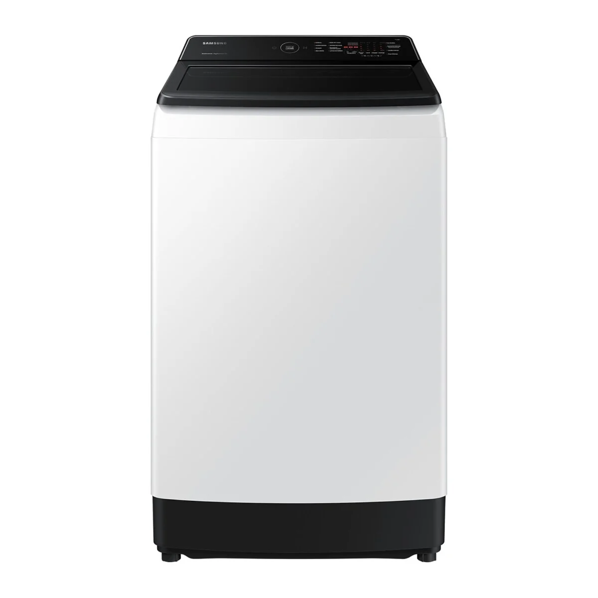 Lavarropas Samsung de carga superior blanco con tapa y panel de controles negros