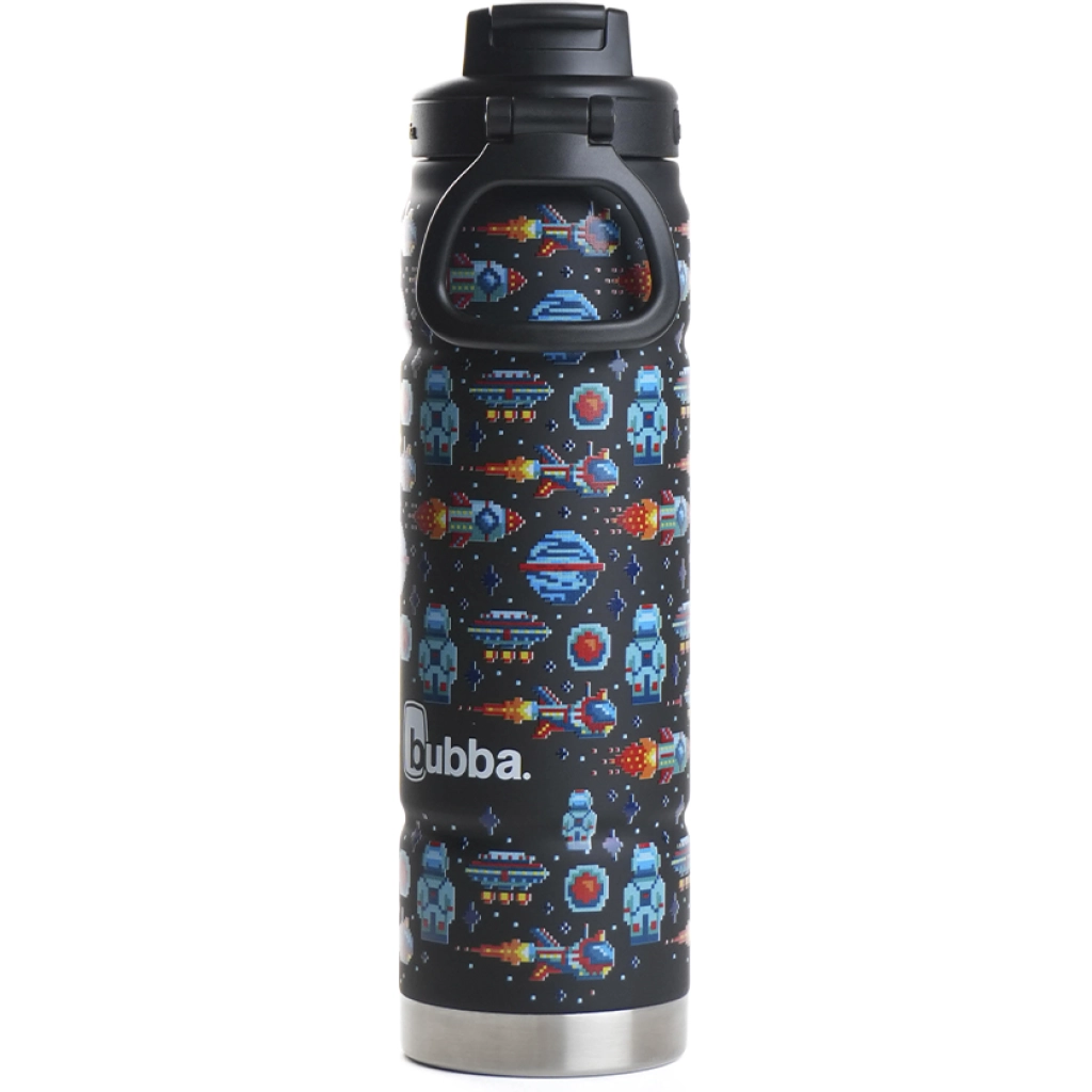 Botella bubba Trailblazer de cuerpo oscuro con ilustraciones de naves espaciales, astronautas y planetas, tapa negra y base plateada.