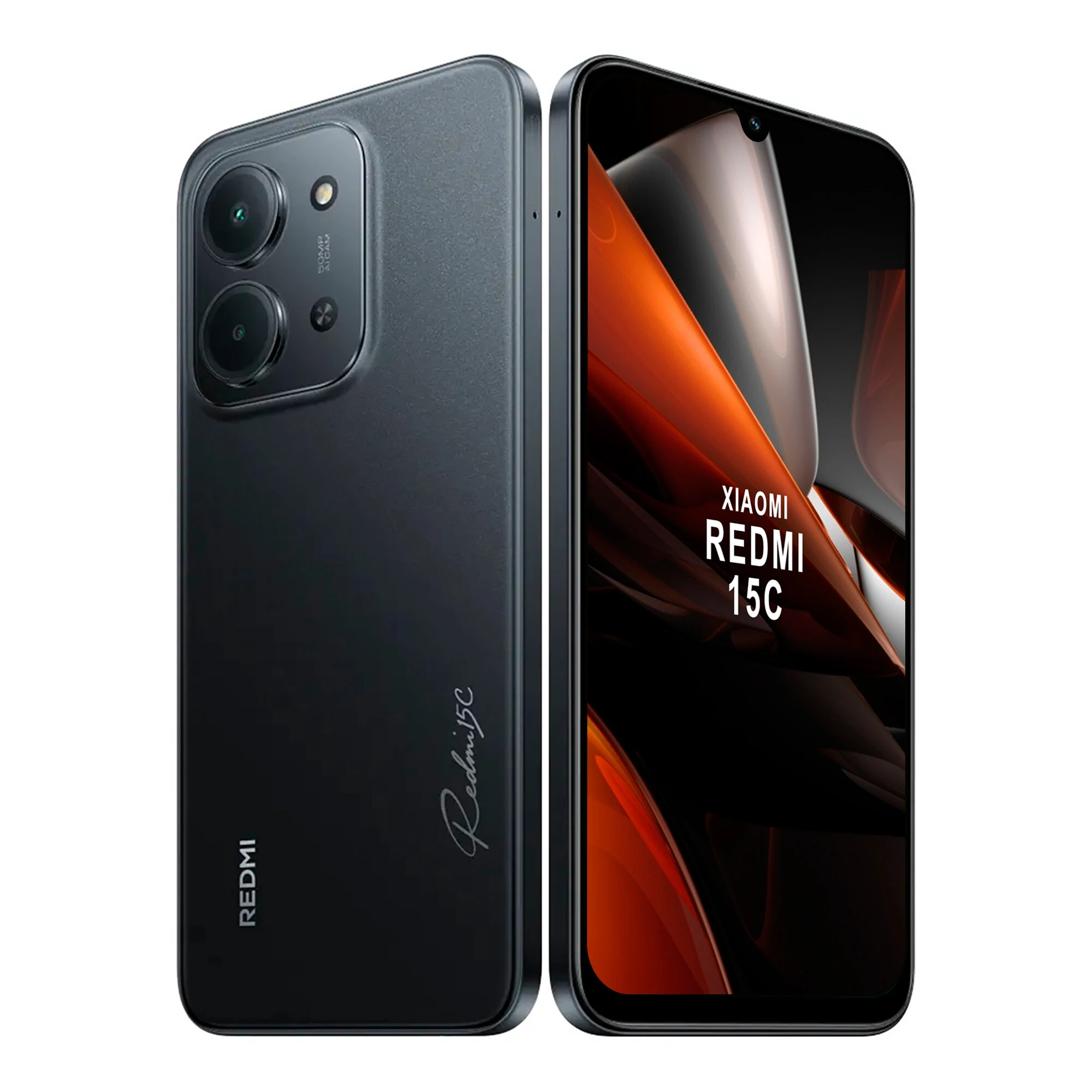 Xiaomi Redmi 15C negro de frente y de atrás, con pantalla con muesca superior y módulo rectangular de cámaras. - Vista 2