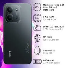 Xiaomi Redmi 15C negro de frente y de atrás, con pantalla con muesca superior y módulo rectangular de cámaras. - Vista 3