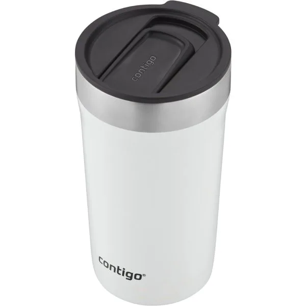 Vaso térmico Contigo blanco con banda plateada cerca del borde superior y tapa negra con pieza deslizante.