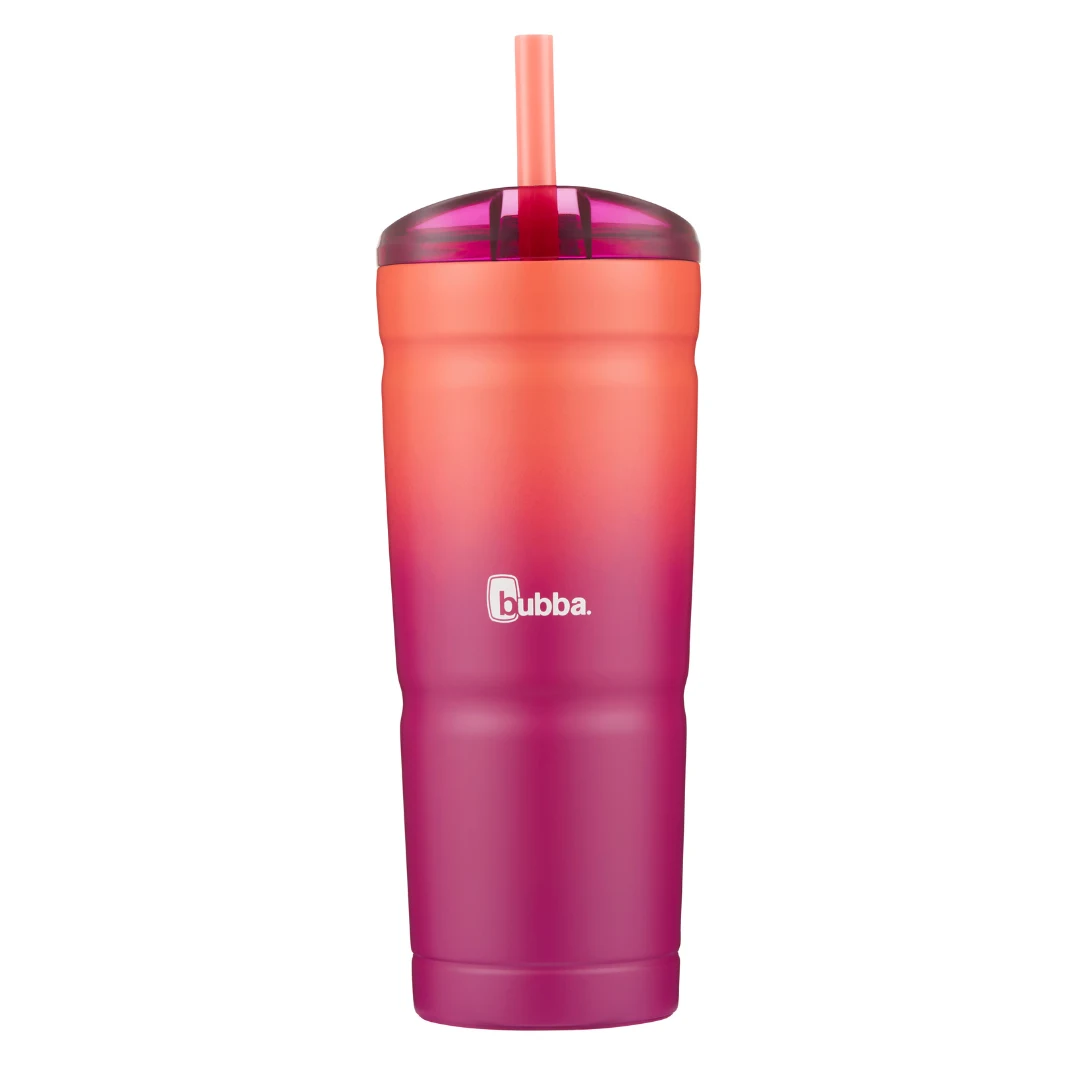 Vaso Bubba alto con acabado degradado coral a fucsia, tapa translúcida, pajita y pieza a juego en la base.